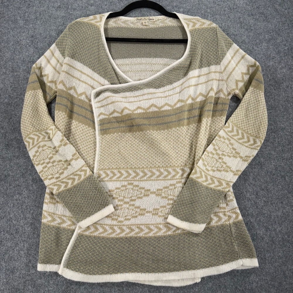 Closet Space Womens Medium Olive Green Tribal Geometric Open Front Cardigan USA